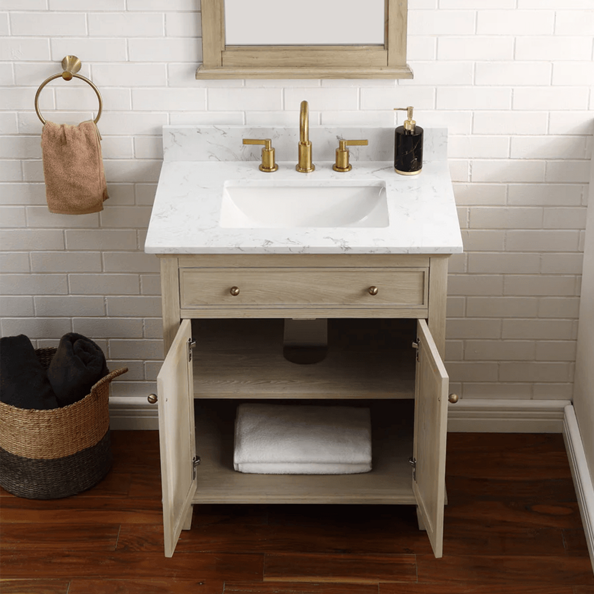 Ronnie Freestanding Solid Wood Bathroom Vanity With Carrara White Quartz Sink Top & 4 In. Backsplash in Nature Wood Finish