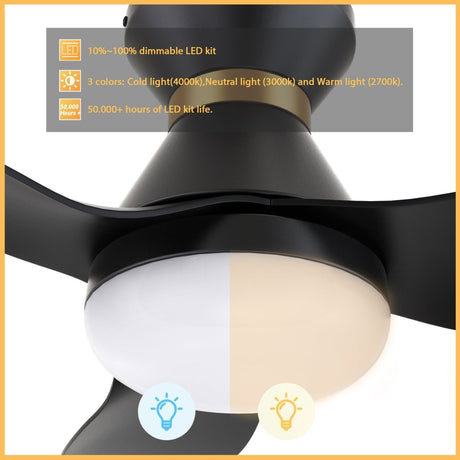 RYATT 45 inch 3 - Blade Flush Mount Smart Ceiling Fan with Remote & LED Light - LEDMyPlace