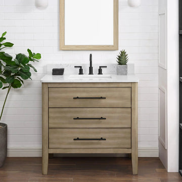 Safford 36 In. Freestanding Solid Wood Bathroom Vanity with Carrara White Engineered Stone Sink Top & 4 In. Backsplash in Light wooden finish