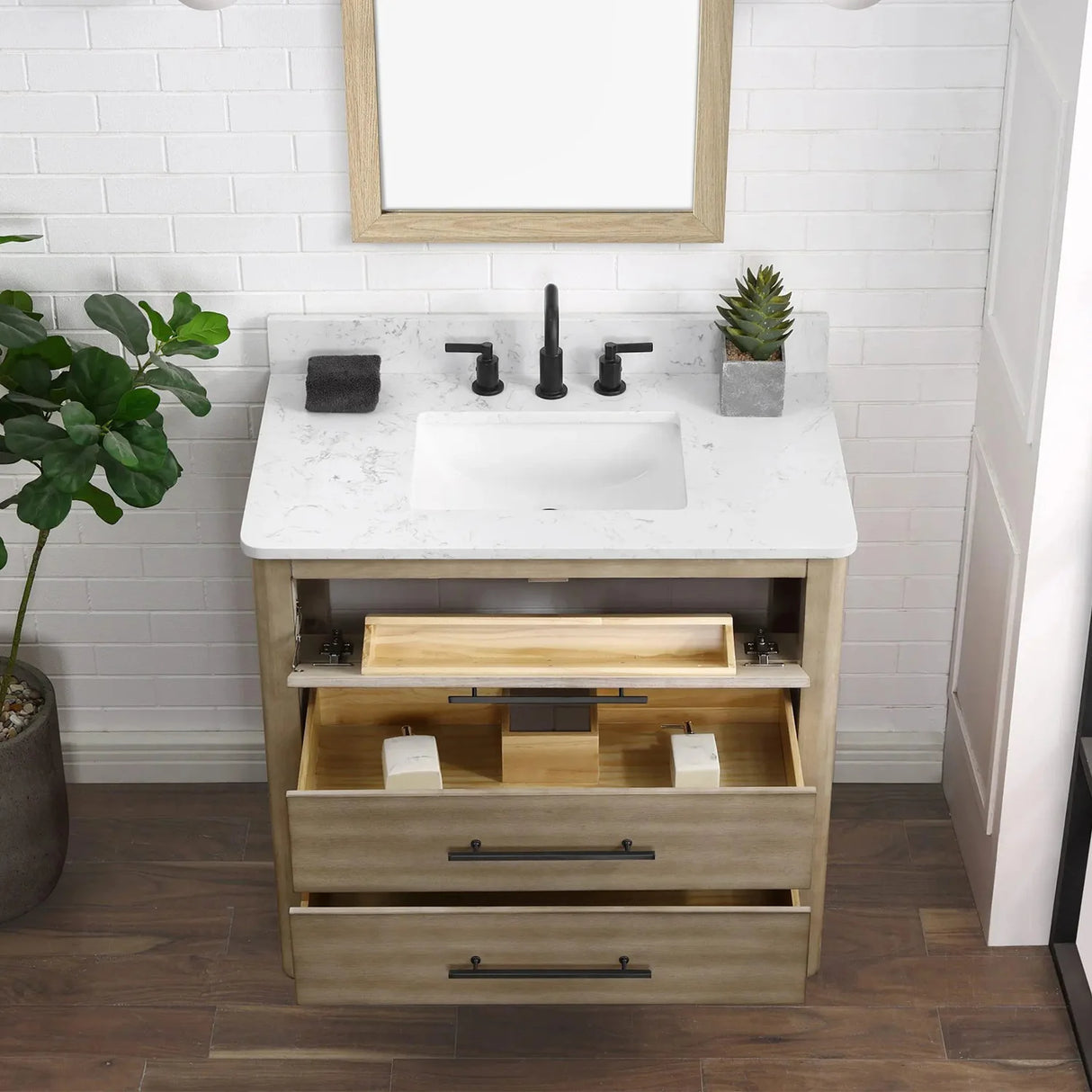 Safford 36 In. Freestanding Solid Wood Bathroom Vanity with Carrara White Engineered Stone Sink Top & 4 In. Backsplash in Light wooden finish