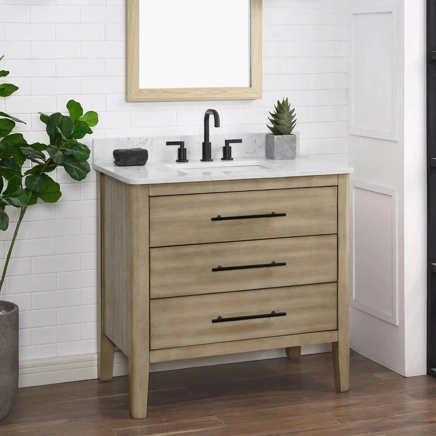 Safford 36 In. Freestanding Solid Wood Bathroom Vanity with Carrara White Engineered Stone Sink Top & 4 In. Backsplash in Light wooden finish