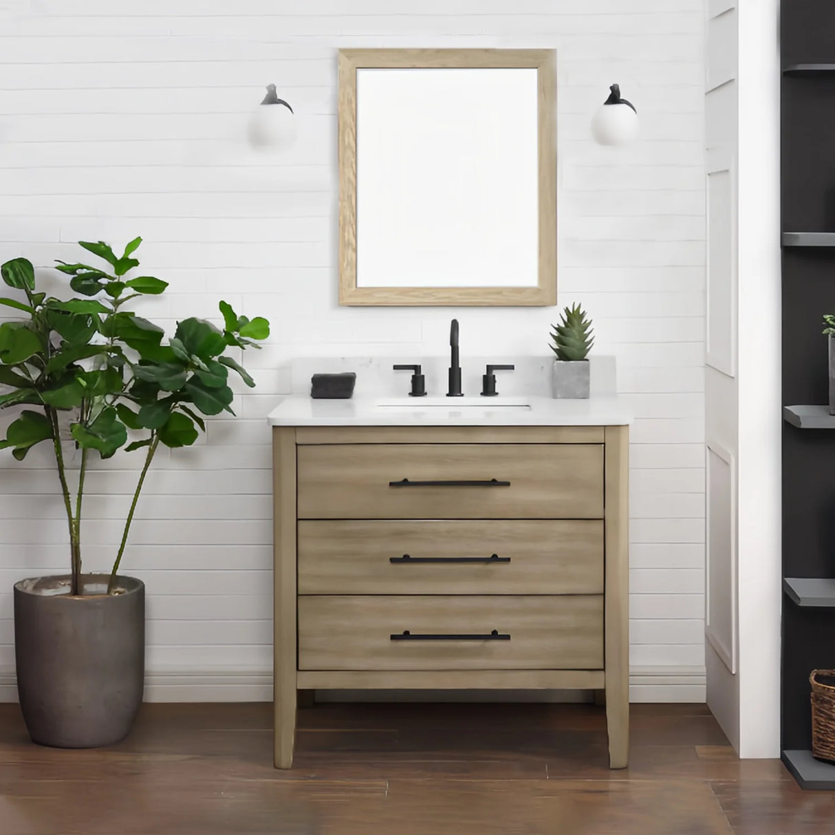 Safford 36 In. Freestanding Solid Wood Bathroom Vanity with Carrara White Engineered Stone Sink Top & 4 In. Backsplash in Light wooden finish