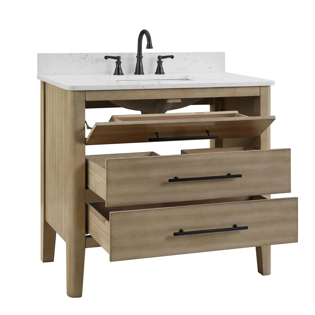 Safford 36 In. Freestanding Solid Wood Bathroom Vanity with Carrara White Engineered Stone Sink Top & 4 In. Backsplash in Light wooden finish