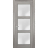 Solid French Door | Lucia 2552 Grey Ash with Frosted Glass | Single Regular Panel Frame Trims Handle | Bathroom Bedroom Sturdy Doors