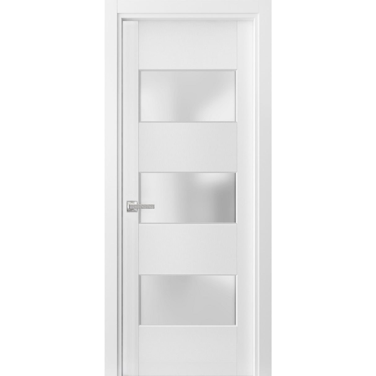 Solid French Door 3 Lites | Lucia 4070 White Silk with Frosted Glass | Single Regular Panel Frame Trims Handle | Bathroom Bedroom Sturdy Doors