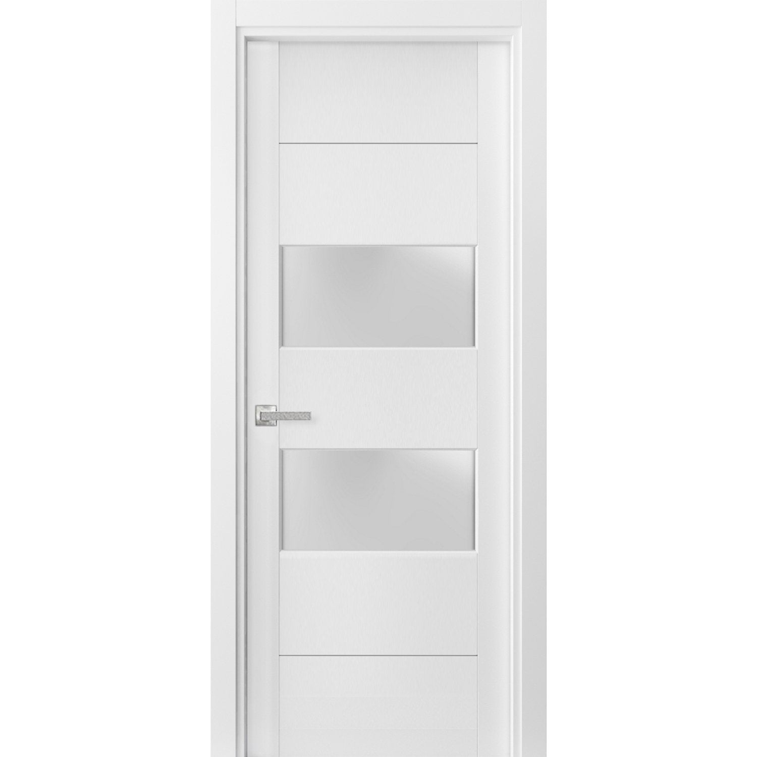 Solid French Door 2 lites | Lucia 4010 White Silk with Frosted Glass | Single Regular Panel Frame Trims Handle | Bathroom Bedroom Sturdy Doors