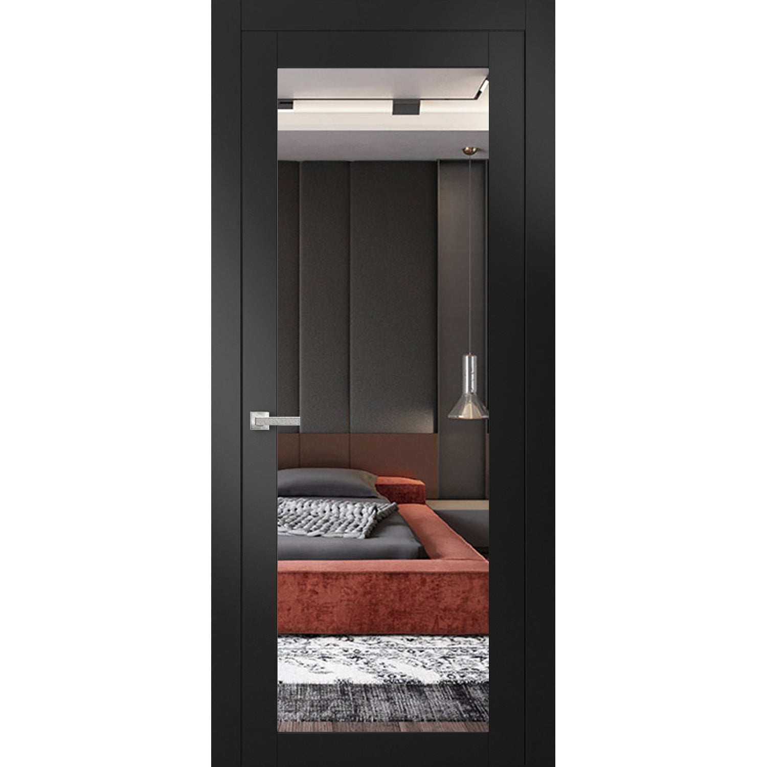 Solid Interior French | Lucia 1299 Matte Black with Mirror | Single Regular Panel Frame Trims Handle | Bathroom Bedroom Sturdy Doors