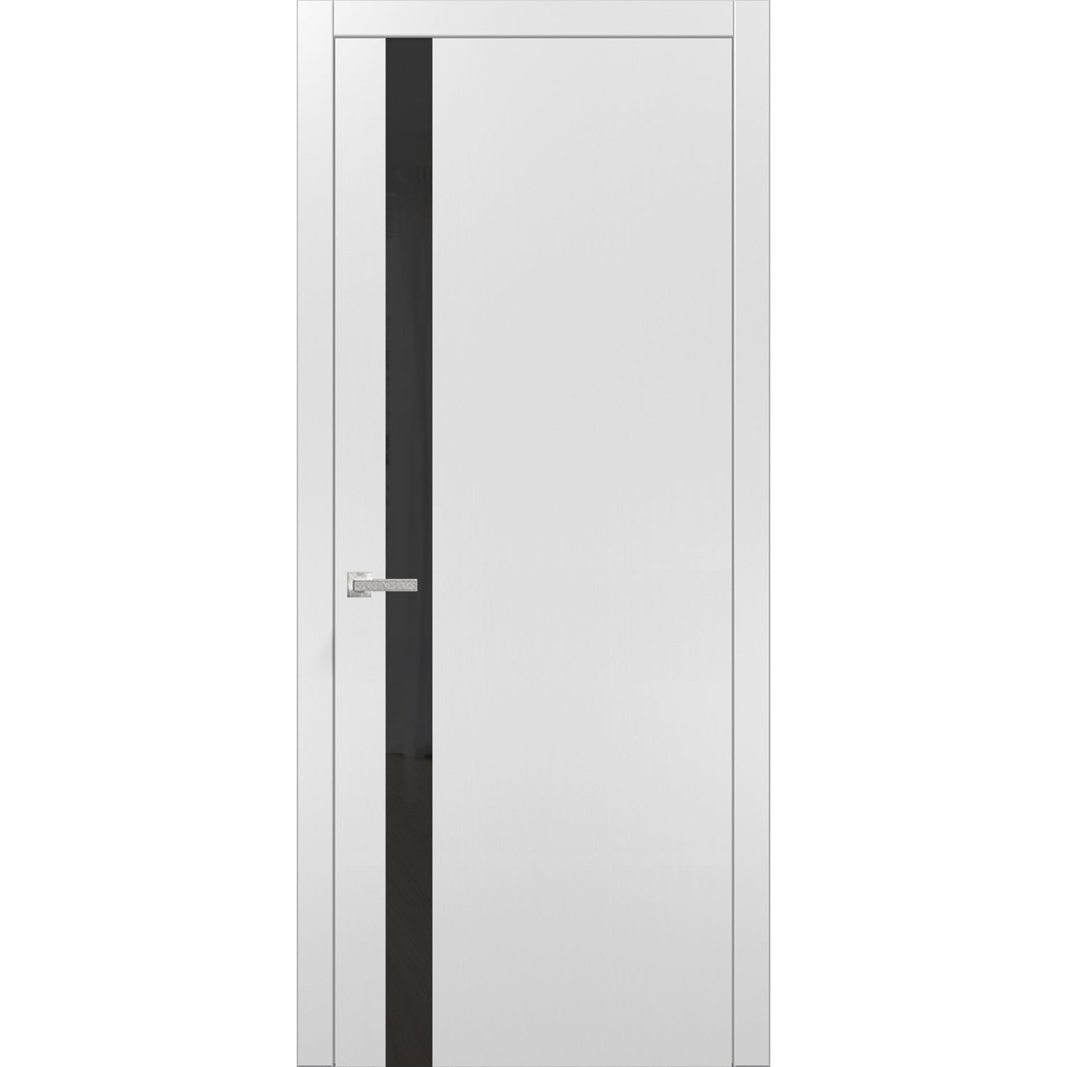 Solid Interior French | Planum 0040 White Silk with Black Glass | Single Regular Panel Frame Trims Handle | Bathroom Bedroom Sturdy Doors