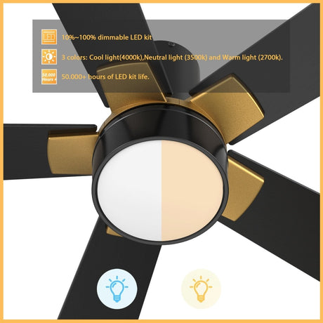 STOCKTON 52 inch 5 - Blade Flush Mount Smart Ceiling Fan with LED Light & Remote - LEDMyPlace