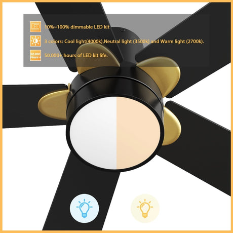 TARRASA 52 inch 5 - Blade Flush Mount Smart Ceiling Fan with LED Light & Remote - LEDMyPlace