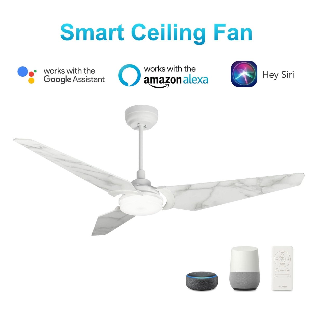 Trailblazer (3 - Blade) Best Smart Ceiling Fan with Dimmable LED Light, White/Marble Pattern, Works w/ Remote Control/Alexa/Google Home/Siri - LEDMyPlace