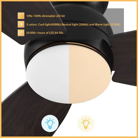 TRENTO 44 inch 3 - Blade Flush Mount Smart Ceiling Fan with LED Light & Remote - LEDMyPlace