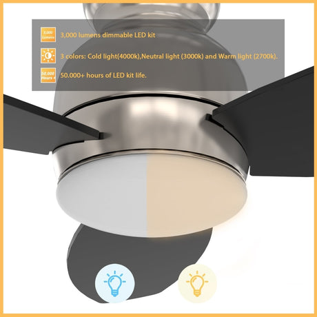 TRENTO 52 inch 3 - Blade Flush Mount Smart Ceiling Fan with LED Light & Remote - LEDMyPlace