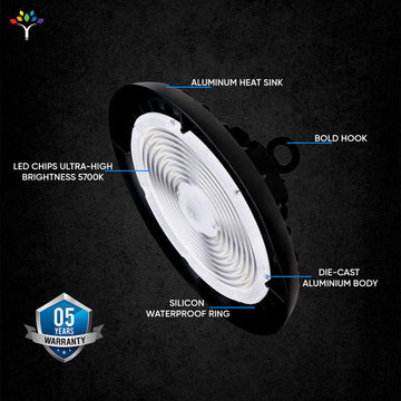 UFO LED High Bay Light - 150W, 4000K Cool White, 21750LM, UL DLC Listed, IP65 Rated, 1-10V Dim - For Warehouses, Retail Spaces, Workshops, Garages, Factories, Barns.