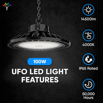 100W UFO High Bay LED Shop Lights 4000K - Dimmable (1-10V), AC120-277V, UL DLC Listed - Ideal for Commercial Warehouses, Garages, Workshops, and Factories