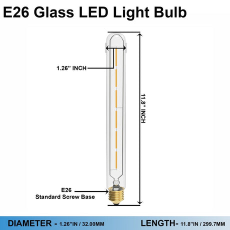 Vintage Tubular LED Filament Bulb Dimmable T10 8W LED Light Bulb, E26 Base, Clear Warm White 2700K, 900LM, 80W Equivalent, 120V/60Hz, Dimmable - D1.26"*11.8"H - LEDMyPlace