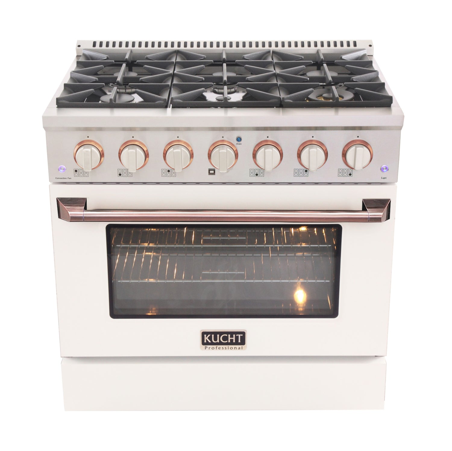 KUCHT Professional 36 in. 5.2 cu. ft. Dual Fuel Range for Natural Gas with Sealed Burners and Convection Oven in Stainless Steel with White Oven Door White Knobs and Gold Knobs Rings