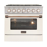 KUCHT Professional 36 in. 5.2 cu. ft. Dual Fuel Range for Natural Gas with Sealed Burners and Convection Oven in Stainless Steel with White Oven Door White Knobs and Gold Knobs Rings