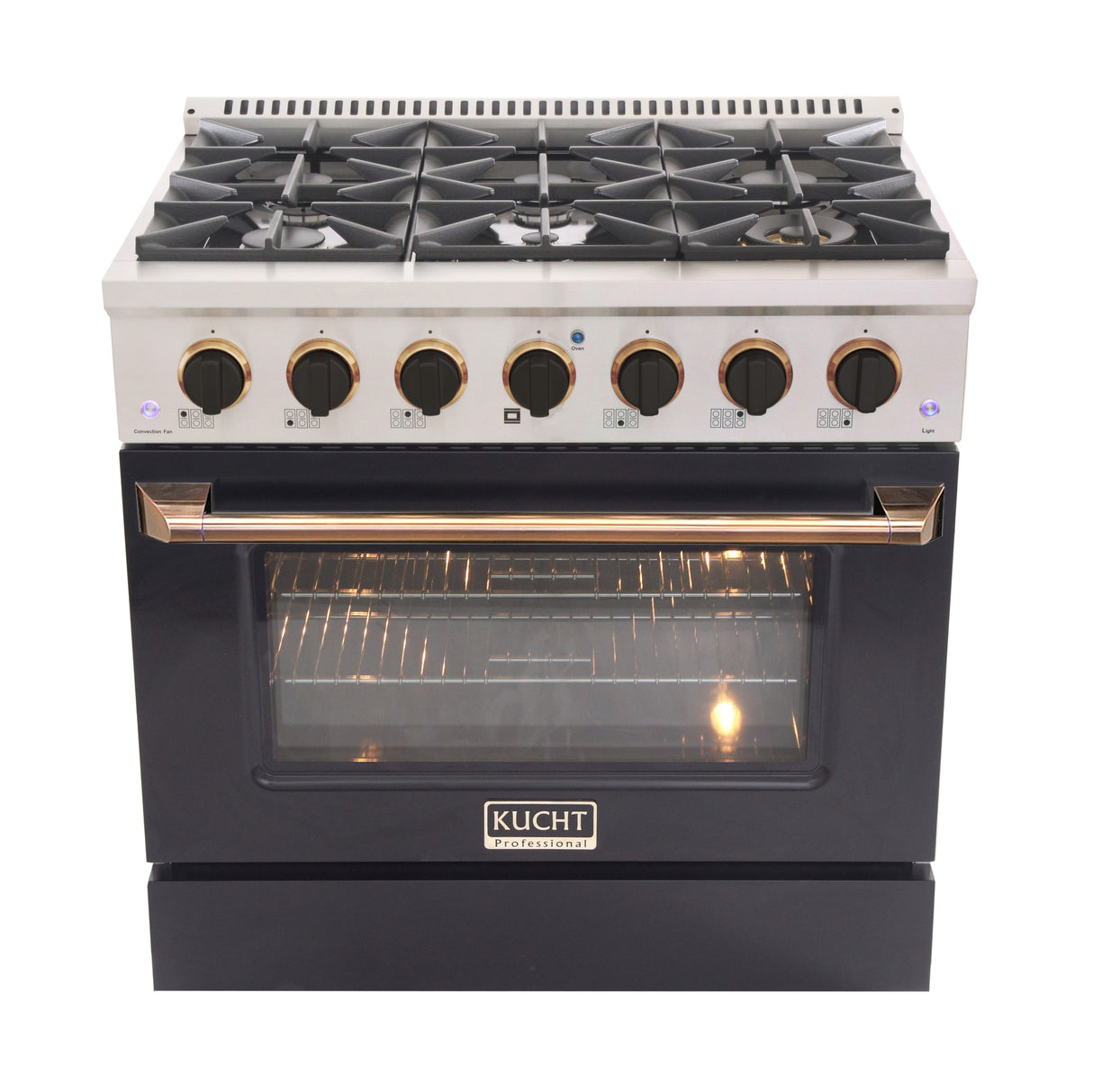 KUCHT Professional 36 in. 5.2 cu. ft. Dual Fuel Range for Natural Gas with Sealed Burners and Convection Oven in Stainless Steel with Black Oven Door Black Knobs and Gold Knob Rings