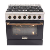 KUCHT Professional 36 in. 5.2 cu. ft. Dual Fuel Range for Natural Gas with Sealed Burners and Convection Oven in Stainless Steel with Black Oven Door Black Knobs and Gold Knob Rings
