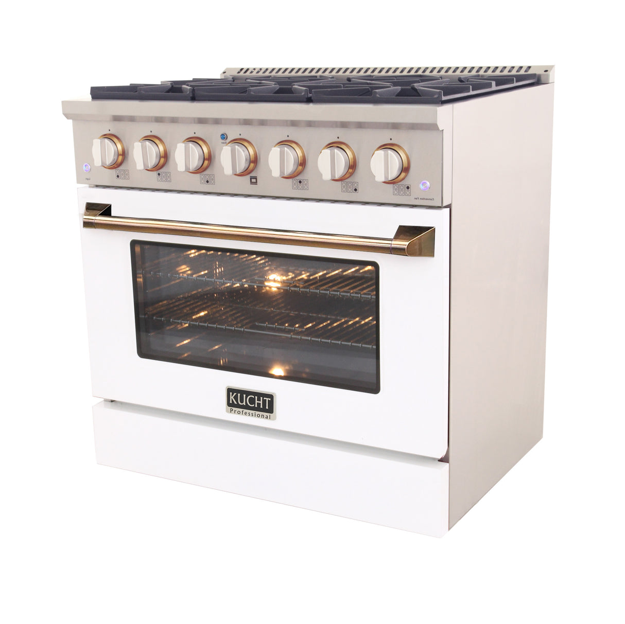 KUCHT Professional 36 in. 5.2 cu. ft. Dual Fuel Range for Natural Gas with Sealed Burners and Convection Oven in Stainless Steel with White Oven Door White Knobs and Gold Knobs Rings