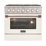 KUCHT Professional 36 in. 5.2 cu. ft. Dual Fuel Range for Natural Gas with Sealed Burners and Convection Oven in Stainless Steel with White Oven Door White Knobs and Gold Knobs Rings