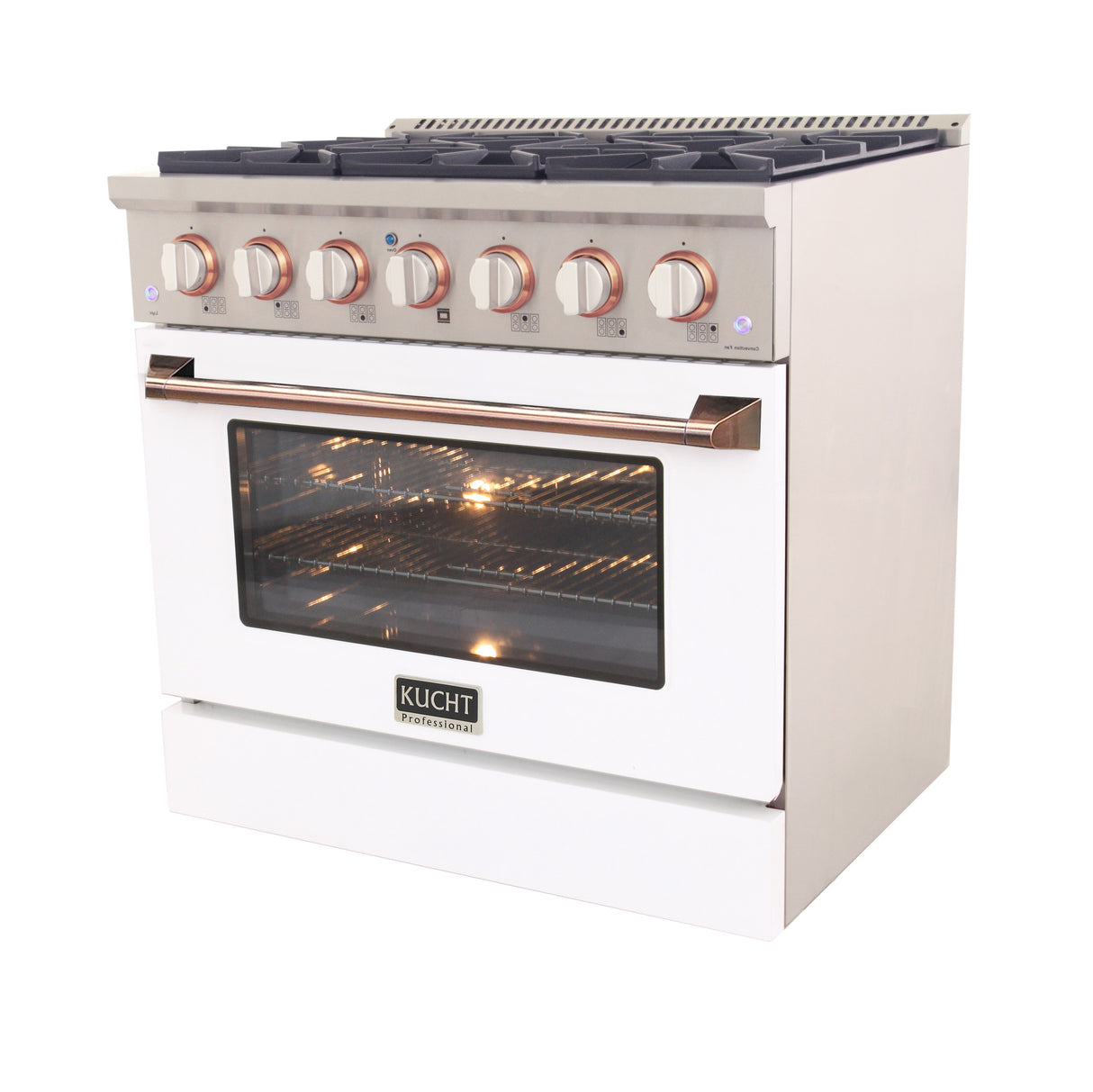 KUCHT Professional 36 in. 5.2 cu. ft. Dual Fuel Range for Natural Gas with Sealed Burners and Convection Oven in Stainless Steel with White Oven Door White Knobs and Gold Knobs Rings