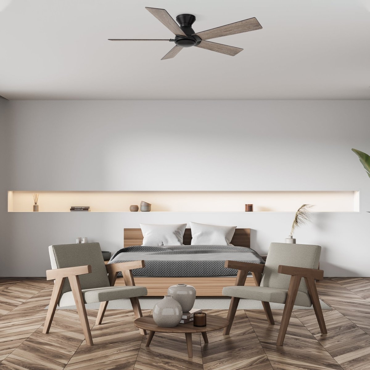 Wynston 52 inch 5 - Blade Flush Mount Ceiling Fan with Remote Control - Black/Walnut & Black Reversible Blades (No Light) - LEDMyPlace