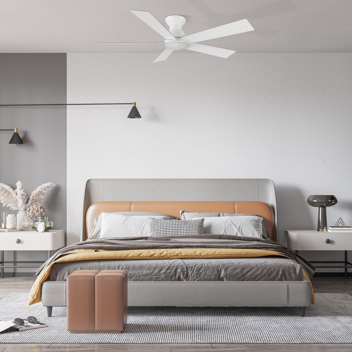 Wynston 52 inch 5 - Blade Flush Mount Ceiling Fan with Remote Control - White (No Light) - LEDMyPlace