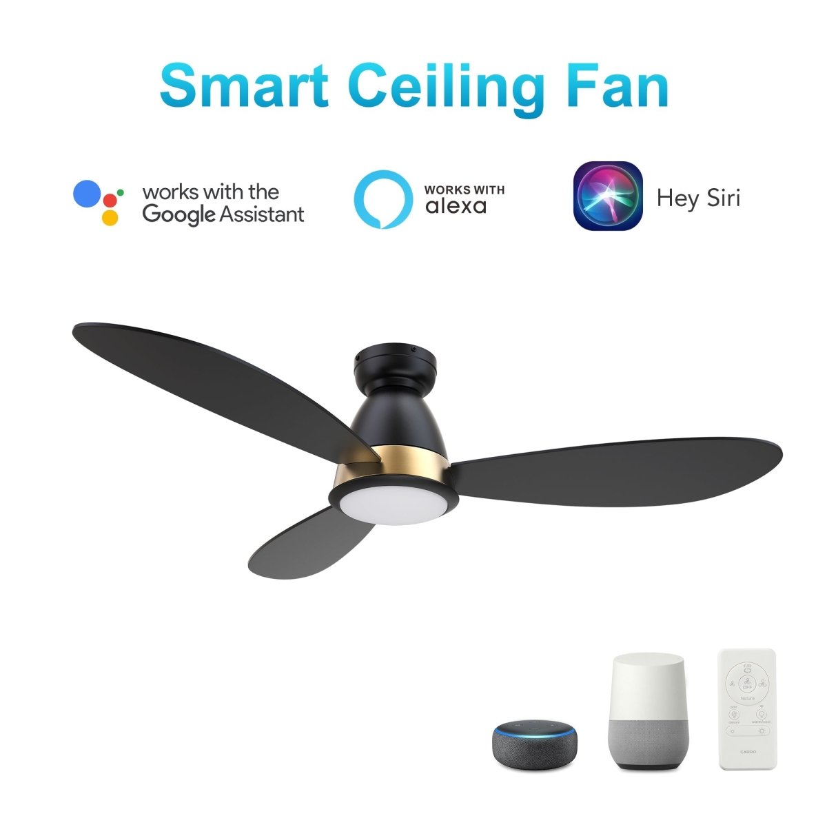 YORK 52 inch 3 - Blade Flush Mount Smart Ceiling Fan with LED Light & Remote - LEDMyPlace