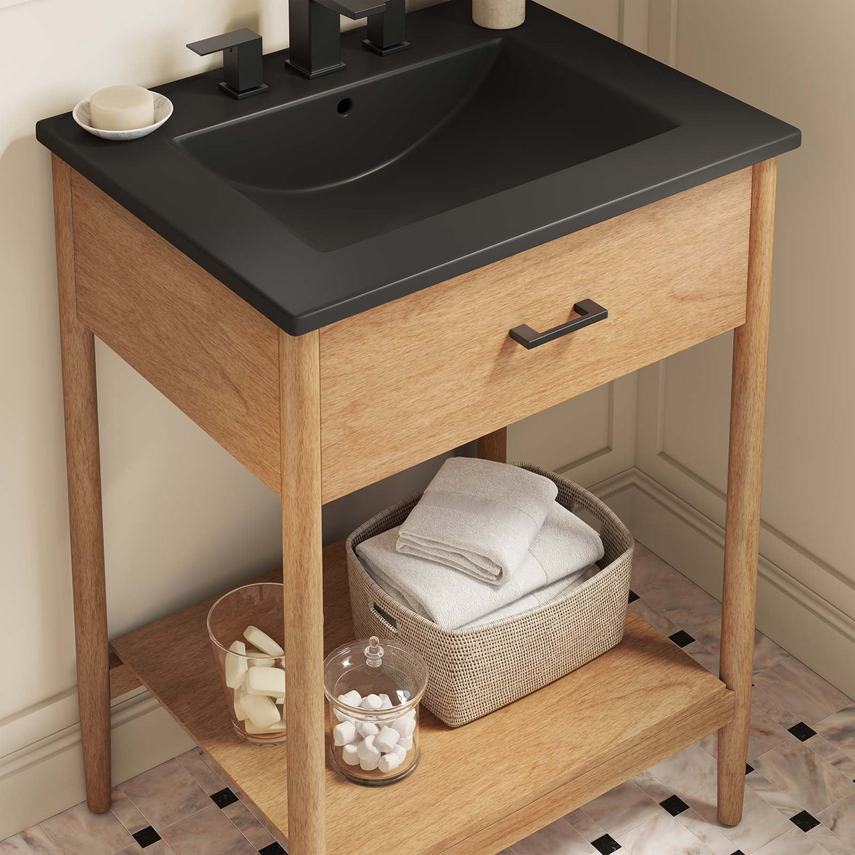 Zaire 24 In. Freestanding Bathroom Vanity with Ceramic Sink Top & Open Shelf Storage