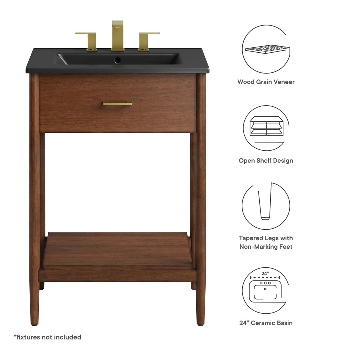 Zaire 24 In. Freestanding Bathroom Vanity with Ceramic Sink Top & Open Shelf Storage