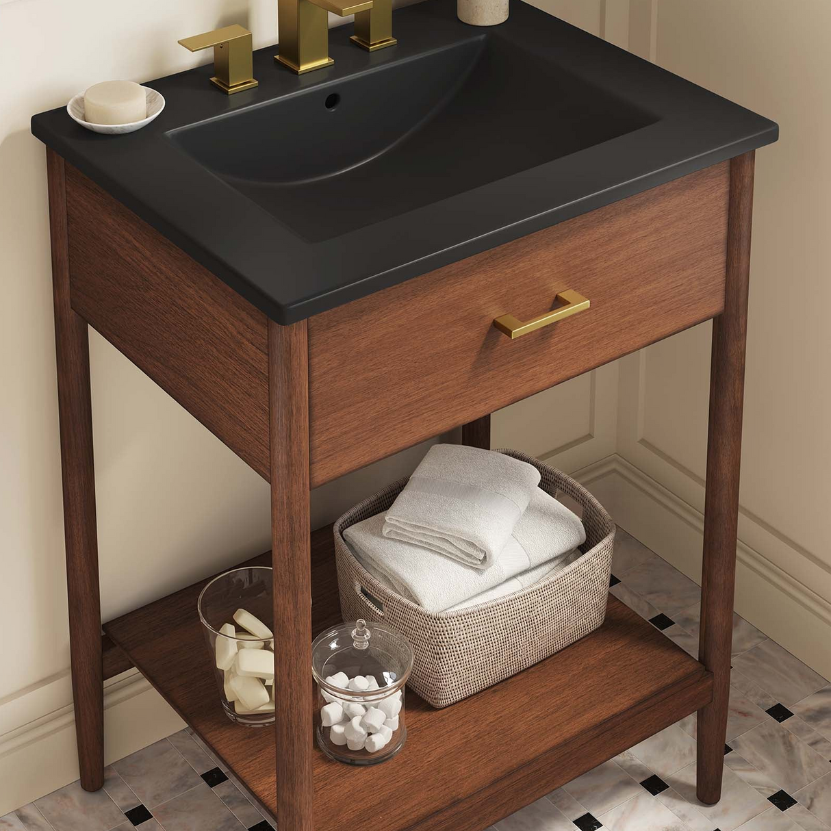 Zaire 24 In. Freestanding Bathroom Vanity with Ceramic Sink Top & Open Shelf Storage