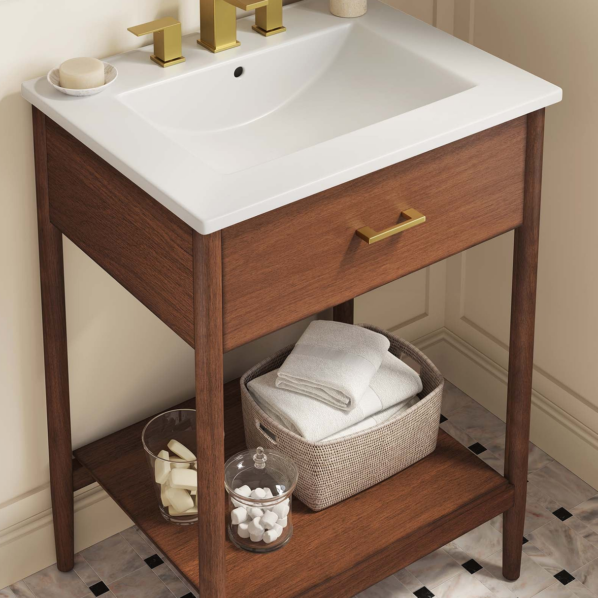 Zaire 24 In. Freestanding Bathroom Vanity with Ceramic Sink Top & Open Shelf Storage