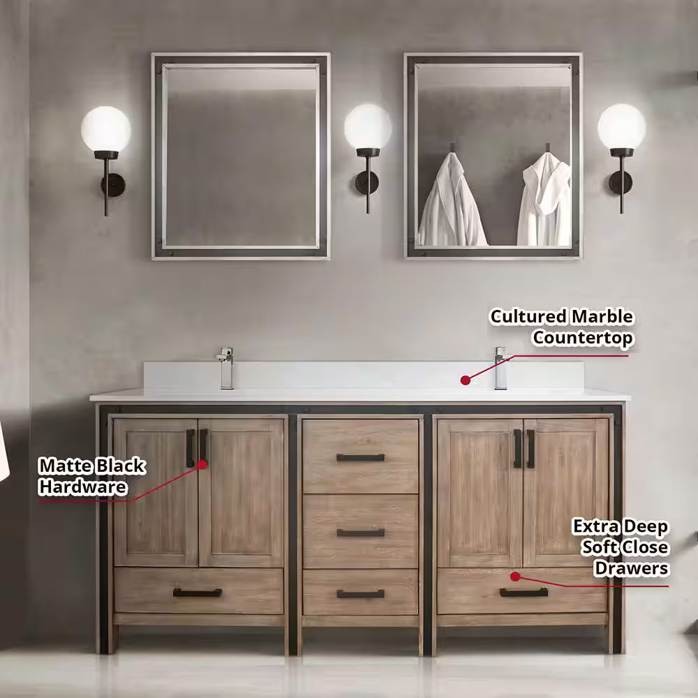 Ziva 72" Rustic Barnwood Double Vanity, Cultured Marble Top, White Square Sink and no Mirror