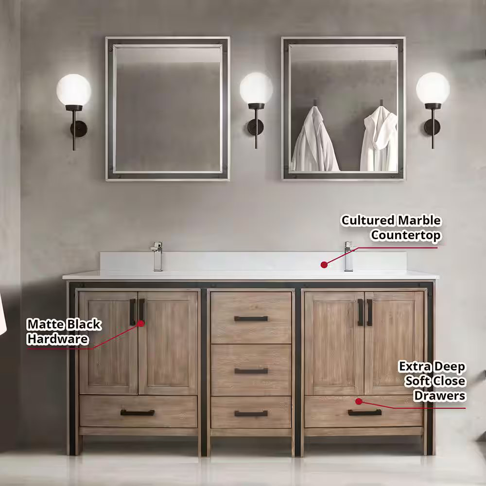Ziva Rustic Barnwood Freestanding Bathroom Vanity, Cultured Marble Top, White Square Sink