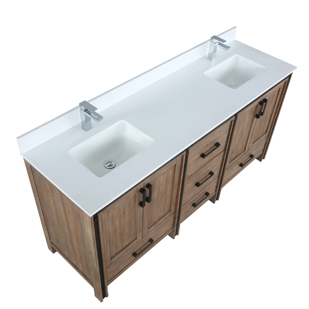 Ziva 72" Rustic Barnwood Double Vanity, Cultured Marble Top, White Square Sink and no Mirror