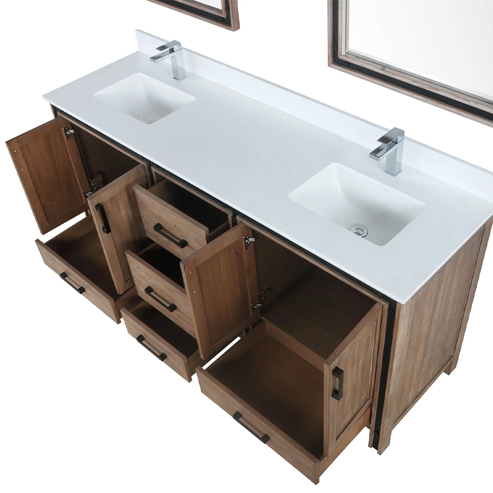 Ziva 72" Rustic Barnwood Double Vanity, Cultured Marble Top, White Square Sink and no Mirror