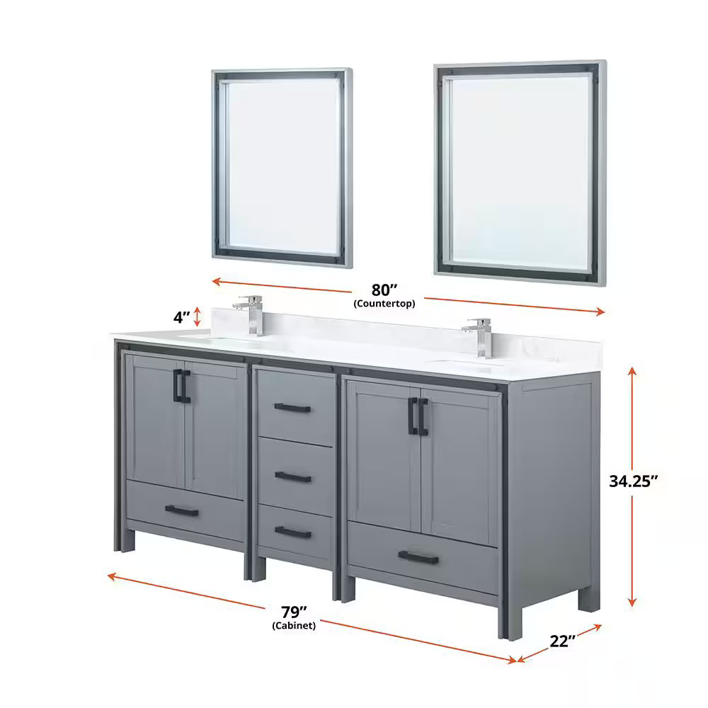 Ziva 80 In. Dark Grey Freestanding Double Bathroom Vanity Cabinet Without Top