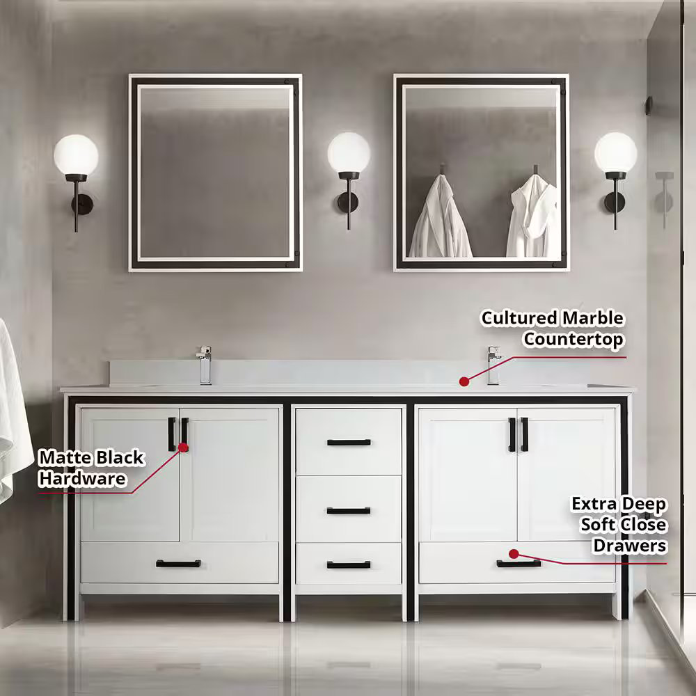 Ziva 80 In. White Freestanding Bathroom Vanity Cabinet Without Top