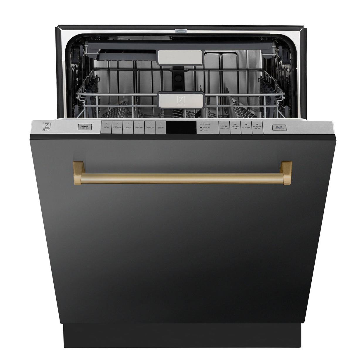 ZLINE Autograph Edition 24" Monument Series 3rd Rack Top Touch Control Tall Tub Dishwasher in Black Stainless Steel with Champagne Bronze Handle, 45dBa (DWMTZ-BS-24-CB)