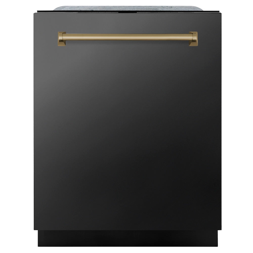 ZLINE Autograph Edition 24" Monument Series 3rd Rack Top Touch Control Tall Tub Dishwasher in Black Stainless Steel with Champagne Bronze Handle, 45dBa (DWMTZ-BS-24-CB)