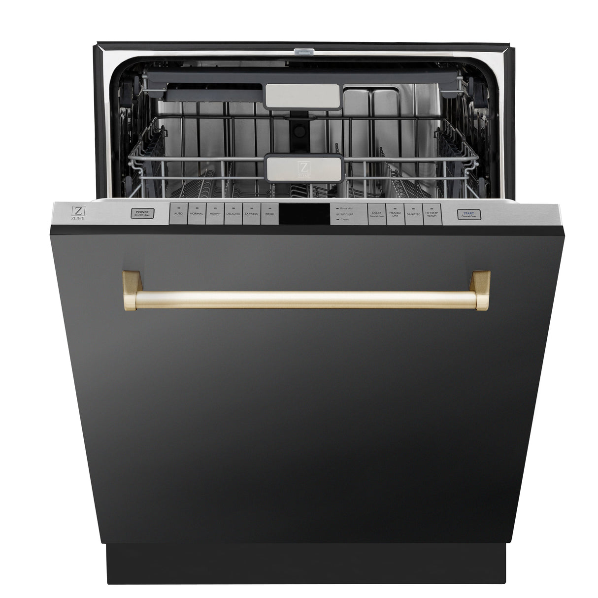ZLINE Autograph Edition 24" Monument Series 3rd Rack Top Touch Control Tall Tub Dishwasher in Black Stainless Steel with Polished Gold Handle, 45dBa (DWMTZ-BS-24-G)