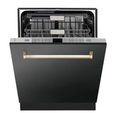 ZLINE Autograph Edition 24" Monument Series 3rd Rack Top Touch Control Tall Tub Dishwasher in Black Stainless Steel with Polished Gold Handle, 45dBa (DWMTZ-BS-24-G)