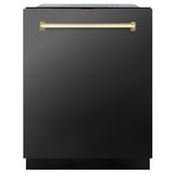 ZLINE Autograph Edition 24" Monument Series 3rd Rack Top Touch Control Tall Tub Dishwasher in Black Stainless Steel with Polished Gold Handle, 45dBa (DWMTZ-BS-24-G)
