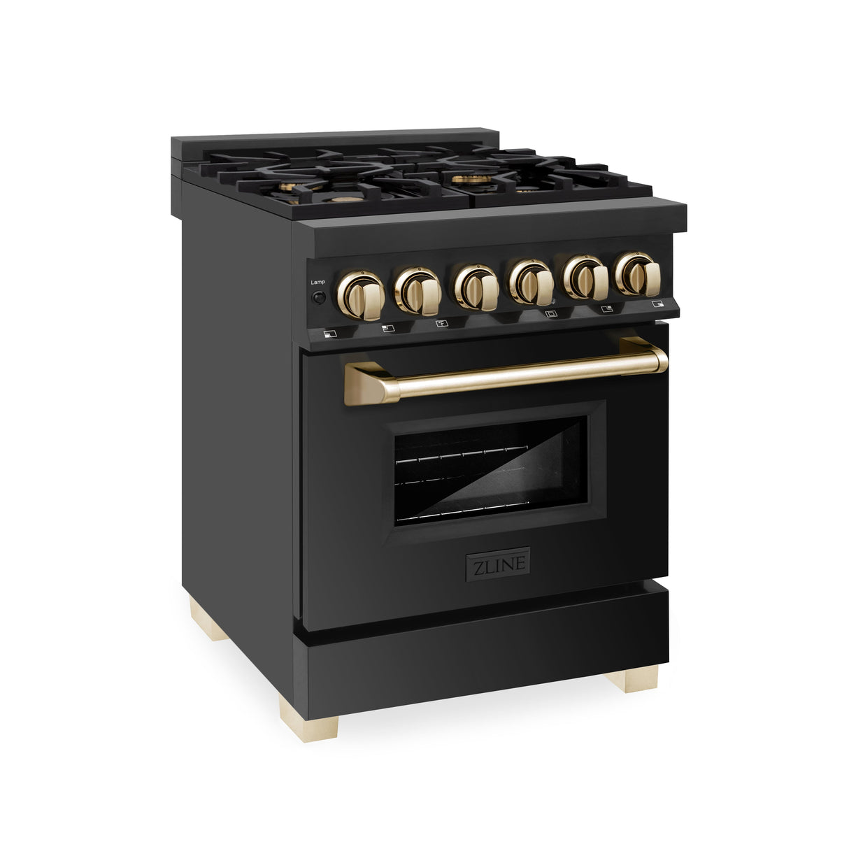 ZLINE Autograph Edition 24 in. 2.8 cu. ft. Legacy Dual Fuel Range with 4 Burner Gas Cooktop and Electric Convection Oven in Black Stainless Steel and Polished Gold Accents (RABZ-24-G)
