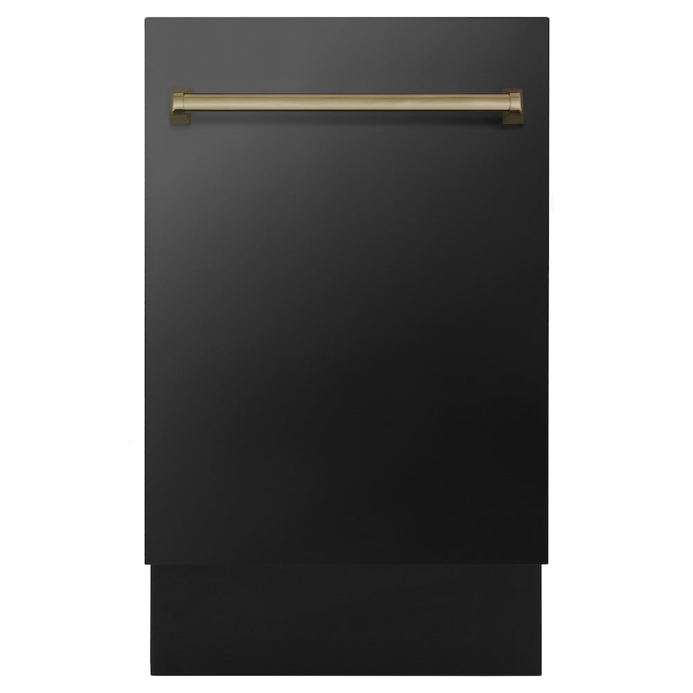 ZLINE Autograph Edition 18” Tallac Series 3rd Rack Top Control Built-In Dishwasher in Black Stainless Steel with Champagne Bronze Handle, 51dBa (DWVZ-BS-18-CB)