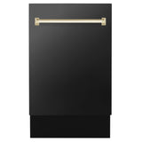 ZLINE Autograph Edition 18” Tallac Series 3rd Rack Top Control Built-In Dishwasher in Black Stainless Steel with Polished Gold Handle, 51dBa (DWVZ-BS-18-G)