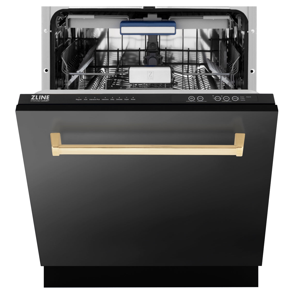 ZLINE Autograph Edition 24" Tallac Series 3rd Rack Top Control Built-In Tall Tub Dishwasher in Black Stainless Steel with Polished Gold Handle, 51dBa (DWVZ-BS-24-G)