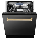 ZLINE Autograph Edition 24" Tallac Series 3rd Rack Top Control Built-In Tall Tub Dishwasher in Black Stainless Steel with Polished Gold Handle, 51dBa (DWVZ-BS-24-G)